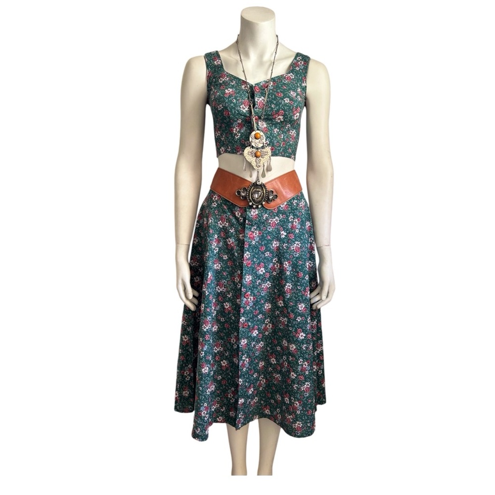 Vintage 70s Prairie Skirt Set Crop Vest Top & Full Midi Skirt Green Floral XS/S